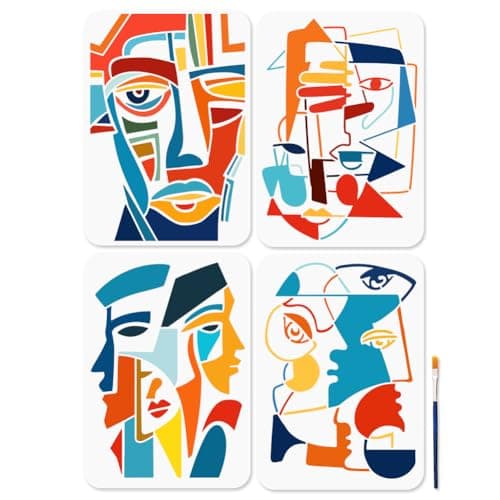 MAYJOYDIY 4Pcs A4 Size Abstract Faces Paterrn Stencil Grotesque Geometric Face Art Stencils 11783inch with Paint Brush Reusable Crafts Templates for Window Wood Wall Home Decor