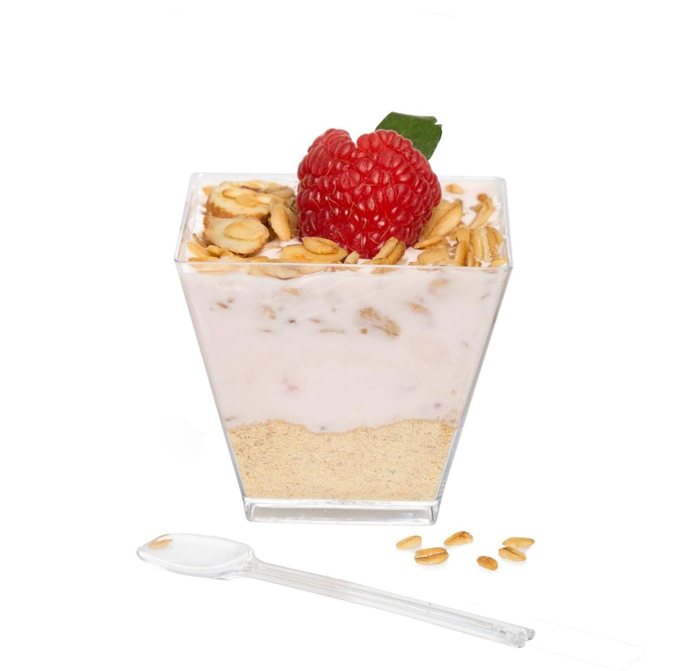 Ilyapa 2oz Plastic Dessert Cups 100 Pack Mini Dessert Cups with Spoons Small Clear Reusable for Cheesecake Shooters Chocolate Mousse Parfait Party and Catering Supplies Square