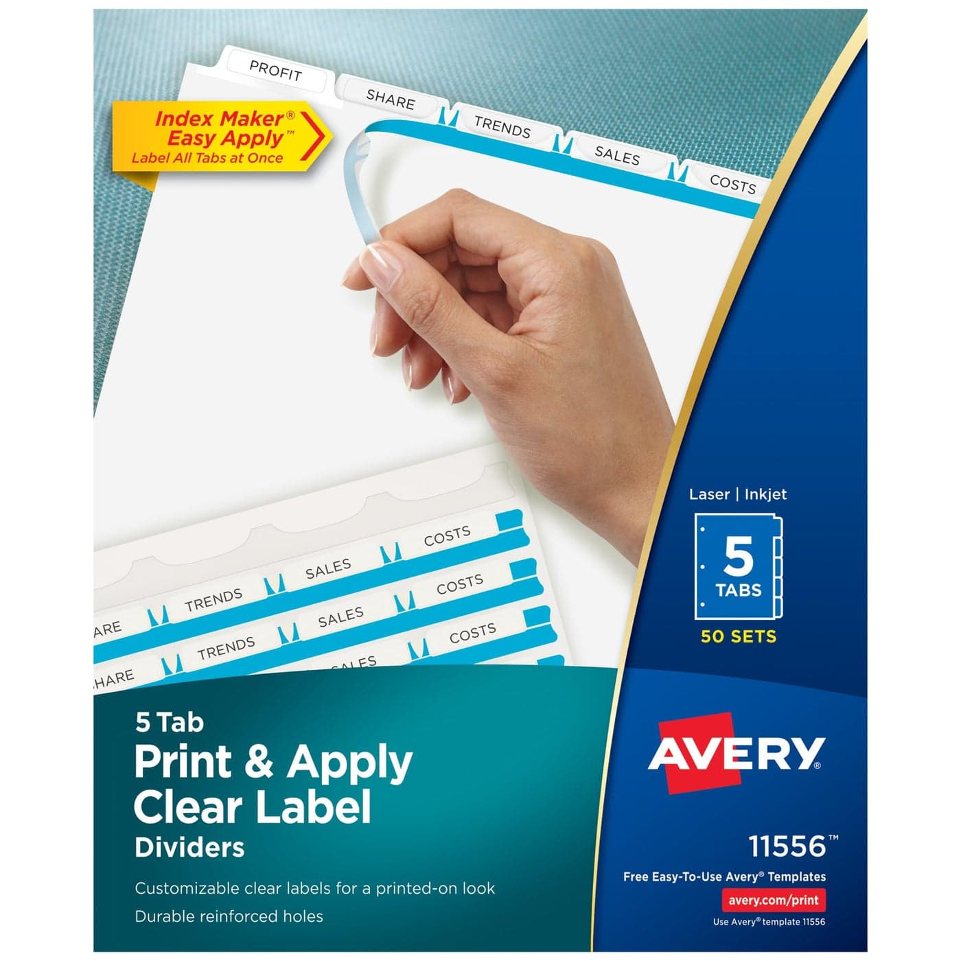 Avery 5 Tab Dividers for 3 Ring Binder Easy Print Apply Clear Label Strip Index Maker Customizable White Tabs 50 Sets 11556