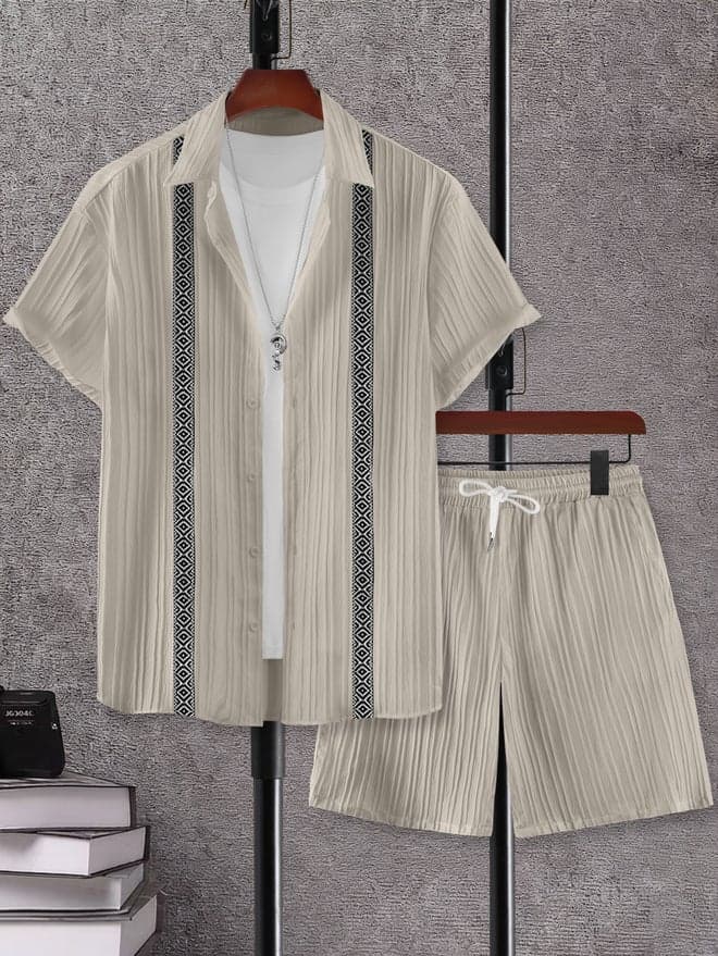 Men Grey Jacquard Detail Short Sleeve Button Front Shirt and Shorts Co-Ords