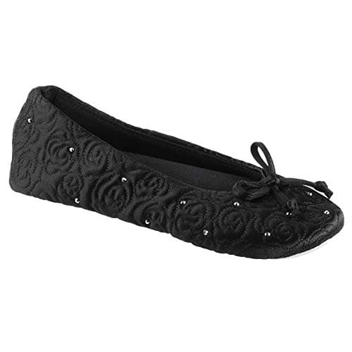 isotoner Women’s Rose Quilted Ballerina Slippers with Rhinestone Embellishment and Genuine Suede Sole , Black, 9.5-10.5 US