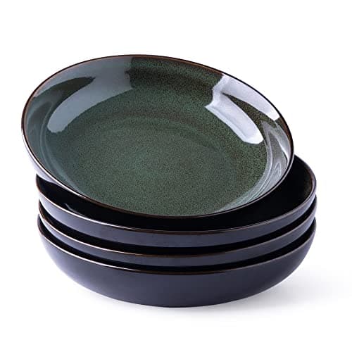 LERATIO 9.0" Pasta Bowls,38oz Ceramic Pasta Bowls,Reactive Glaze Pasta Bowl Set of 4,Microwave & Dishwasher,Oven Safe,Large Wide Serving Bowls for Salad, Dessert,Scratch Resistant-Green