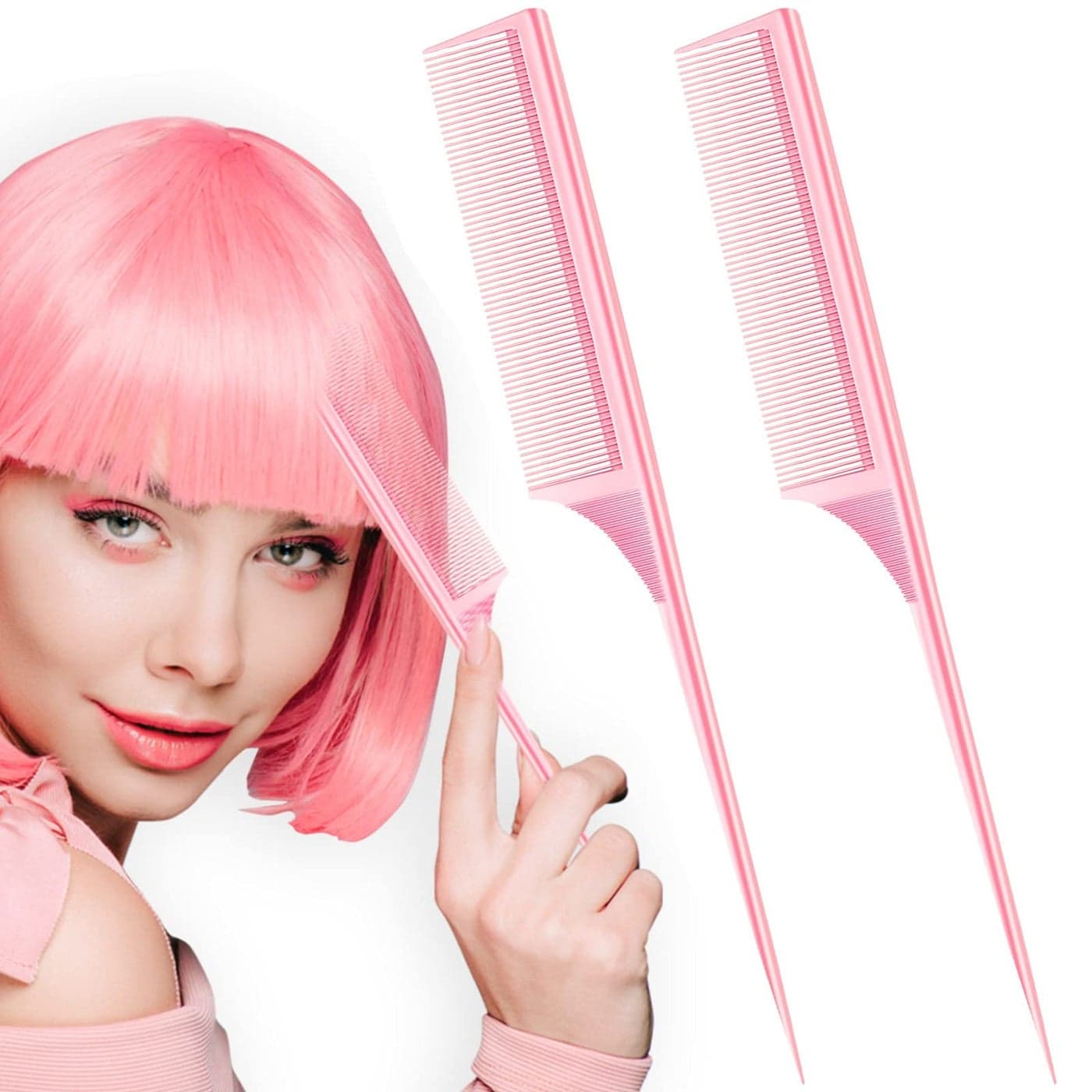 2 Pack Rat Tail Combs for Women Fine Tooth Comb Parting Tip Carbon Fiber Root Teasing Anti Static Heat Resistant Adding Volume Evening Hair Styling Pink