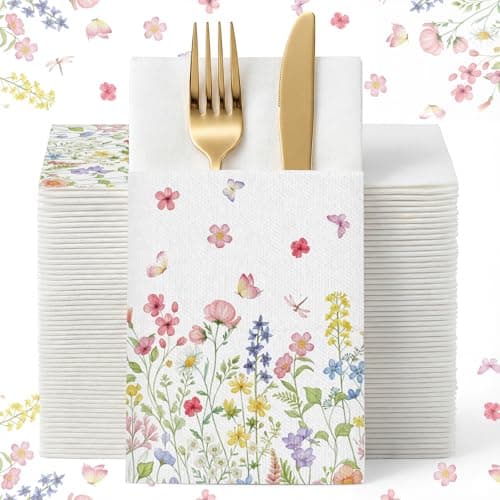 Potchen 100 Linen Feel Napkins Disposable Cloth Like Napkins Prefolded Hand Towel with Built-in Flatware Pocket Cocktail Hand Towel for Wedding Bridal Shower Supplies(100 Pcs,Floral)