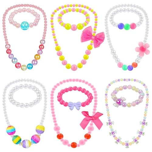 Sumind 6 Sets Toddler Jewelry for Little Girls Baby Beaded Necklace and Bracelet Costume Dress up Jewelry Gifts Princess Party FavorsClassic Style