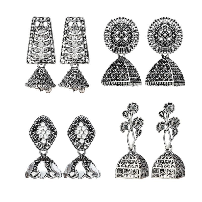 Fashion Frill Silver Oxidised Earrings Jhumka Set For Women Girls Stylish Traditional Pearl Small Jhumki Earings Pair Combo Of 4 (Ethnic)