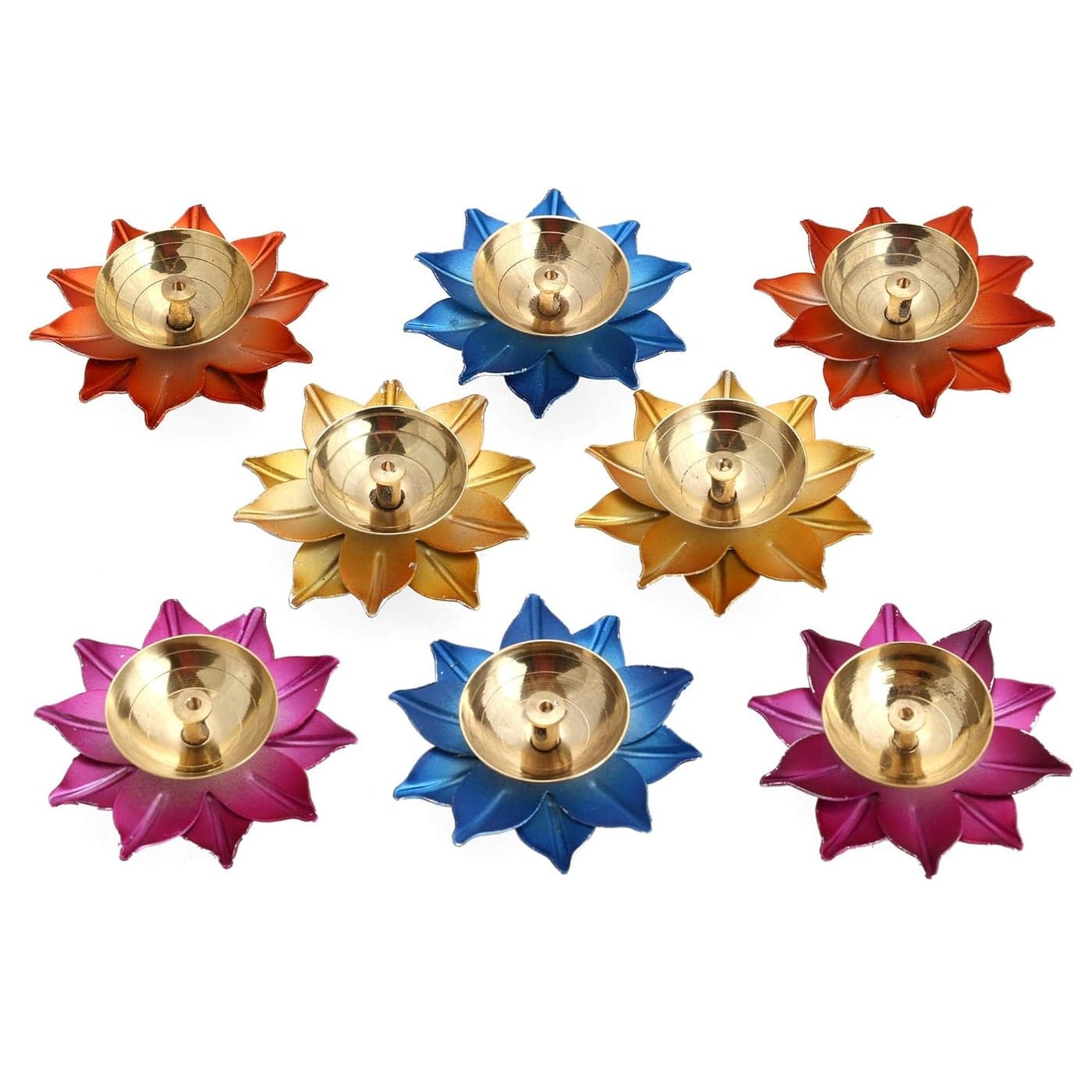CraftVatika Brass Diya Deepak Lotus Oil lamp Colorful Kamal Design for Diwali Gifting Set of 8 Assorted Colors