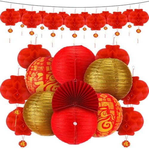 Fullhawl 21 Pcs Chinese New Year 2026 Decor Golden Fu Lantern 12 Inch Lucky Golden Fu Lantern Hanging Ornaments 10 Inch Chinese Red Paper Lanterns Folding Fans with Tassel for Home(Gold)
