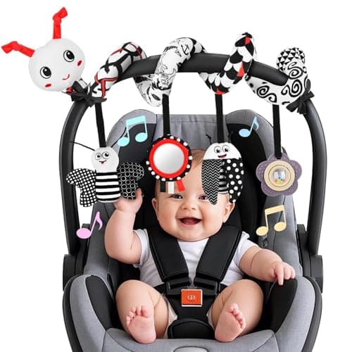 Zendstanding Car Seat Toys for Babies 06 Months Stroller Activity Black White Baby Spiral Plush Toys Newborn High Contrast Sensory Carseat Toys with 4 Pendants Hanging Boys Girls Gift