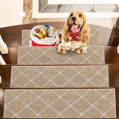 BEQHAUSE Stair Treads Non Slip Stair Runners for Wooden Steps Machine Washable Polyester Soft Stair Rugs 28inX9in Beige Stair Mats Safety Edging Stair Rugs for Dogs,Elders and Kids 4pcs