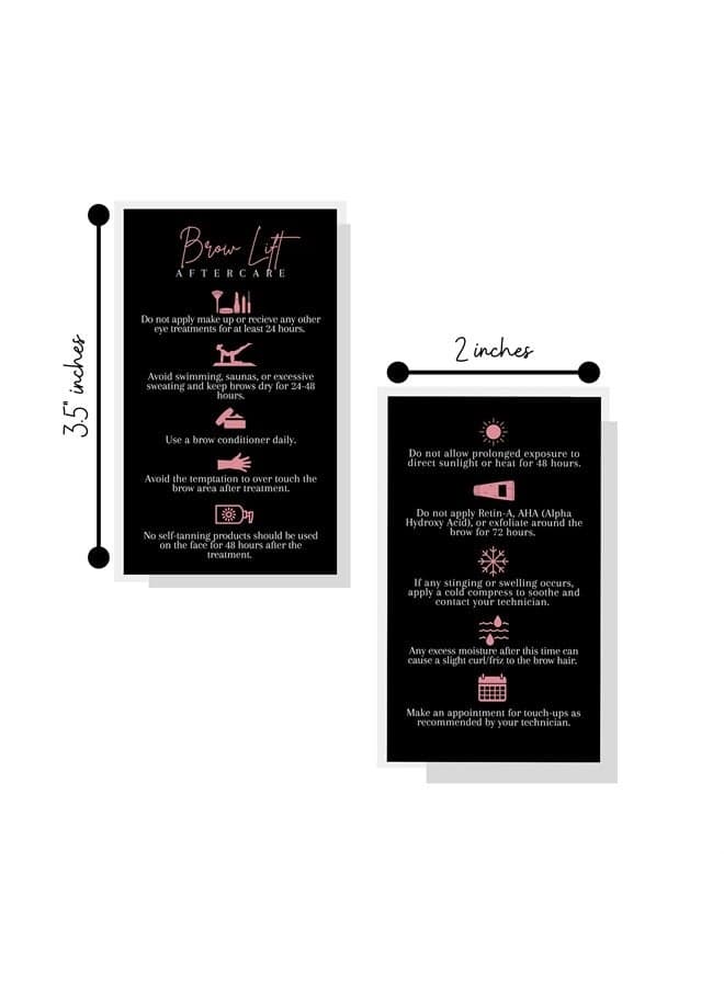 Brow Lift Aftercare Cards | 50 Pack | 2x3.5” inches Business Card Size | Starter Lift Kit At Home DIY Brow Lift and Tint | Black with Rosey Pink Design