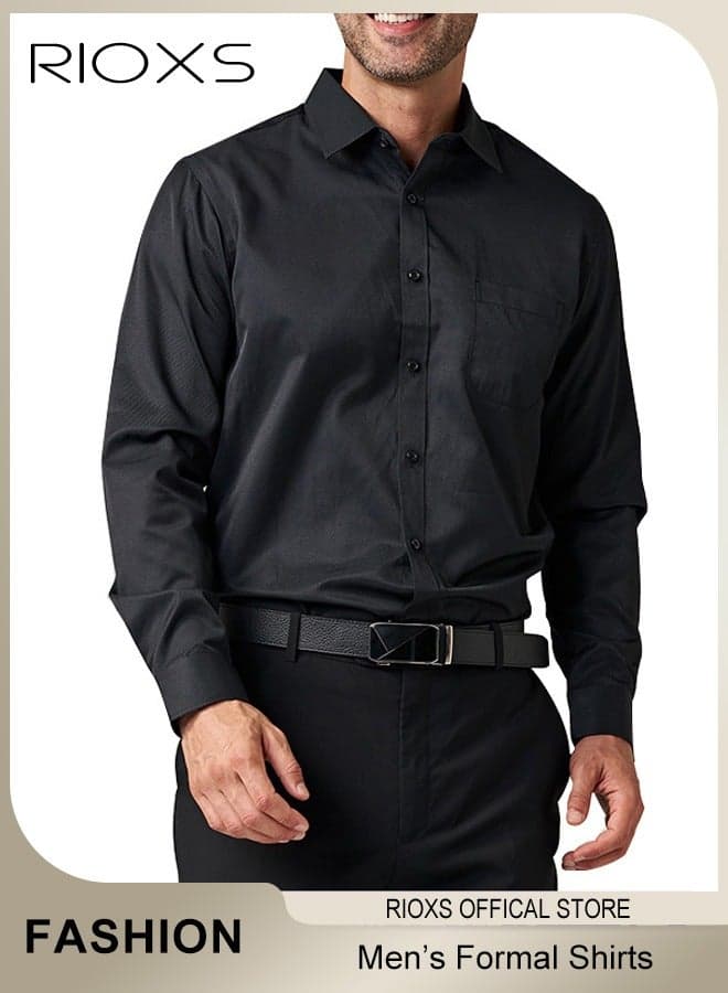 Men's Long Sleeve Shirt, Slim Fit Button Down Formal Business Shirt for Men, Cuff Solid Work Shirts With Pocket, Comfy Breathable Men's Shirt for Formal Party, Weddings Or Business Meetings, Black