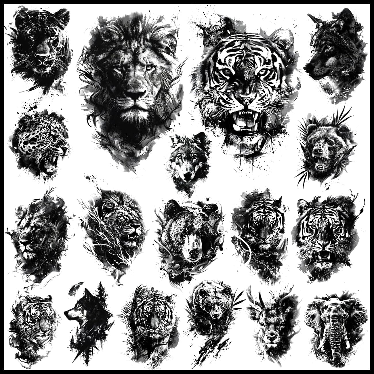 CHARLNET 18 Pcs Realistic Tiger Bear Lion Wolf Temporary Tattoos for Men Adults Black Fake Animals Tattoo Stickers for Men Women Adult Body Art Arm Chest Shoulder