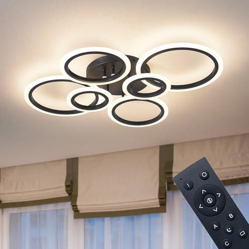 Shine LUEST 6 Rings Black Modern LED Ceiling Light Fixture, Flush Mount Ceiling Light with Remote Dimmable Brightness, Adjustable 3000-6000K Color Temperature, Timer for Living Room, Bedroom