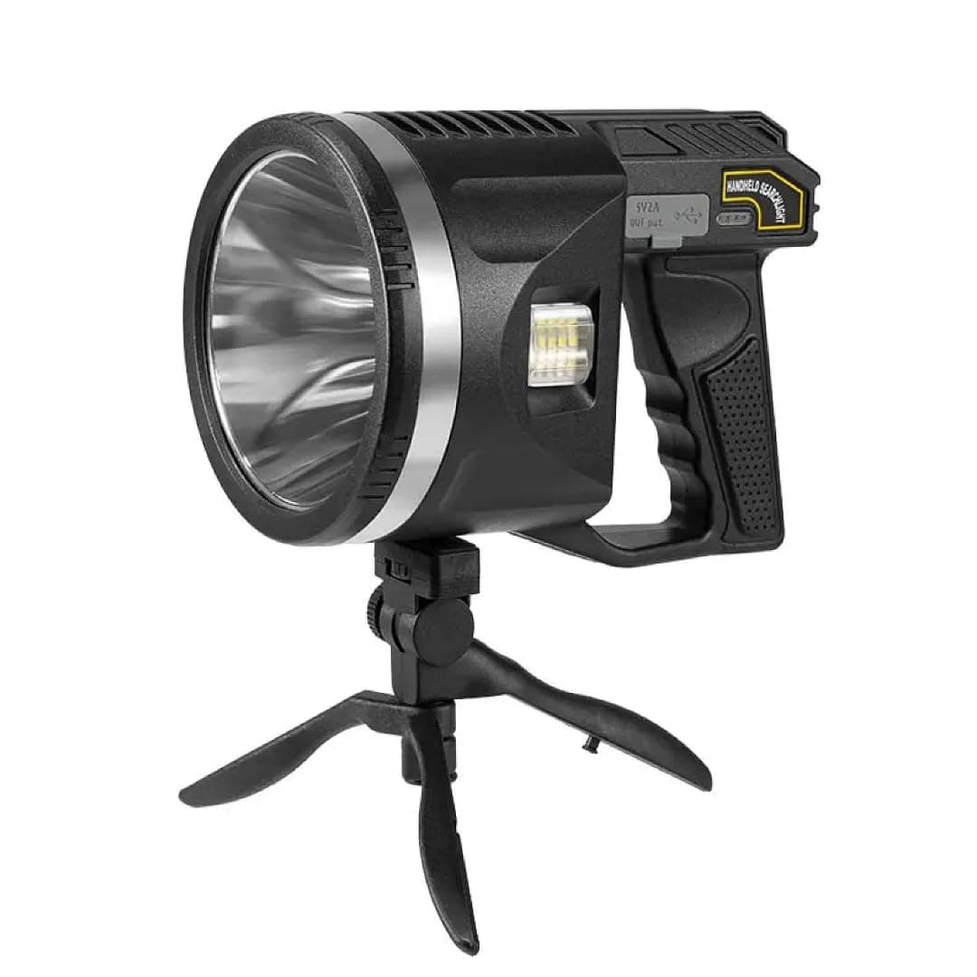 Jukmen Morden Spotlight 100000 Lumen Rechargeable Spotlight Flashlight with Tripod 6 Modes IPX5 Waterproof Led Spot Lights Outdoor Handheld Searchlight for Hunting Marine Camping Pack of 1