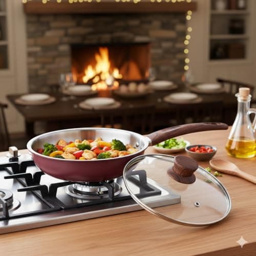 The Better Home 2.5mm Triply Aluminium Coated Fry Pan (1.5L-22cm) with Glass Lid | Gas & Induction Fry Pan for Deep Frying (Red)