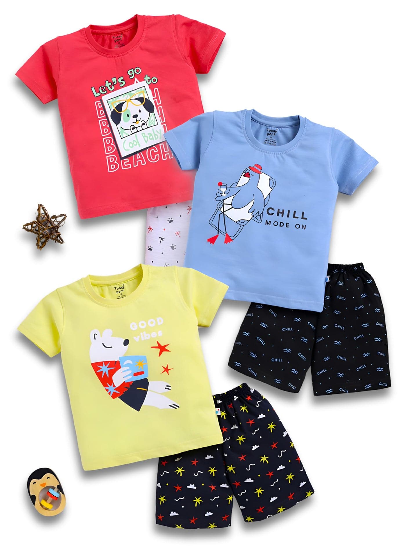 Toonyport Boys Summer 3 Packs Of T-shirts and Shorts Combo Set (Multicolors) (2 Years - 3 Years, Multicolors)