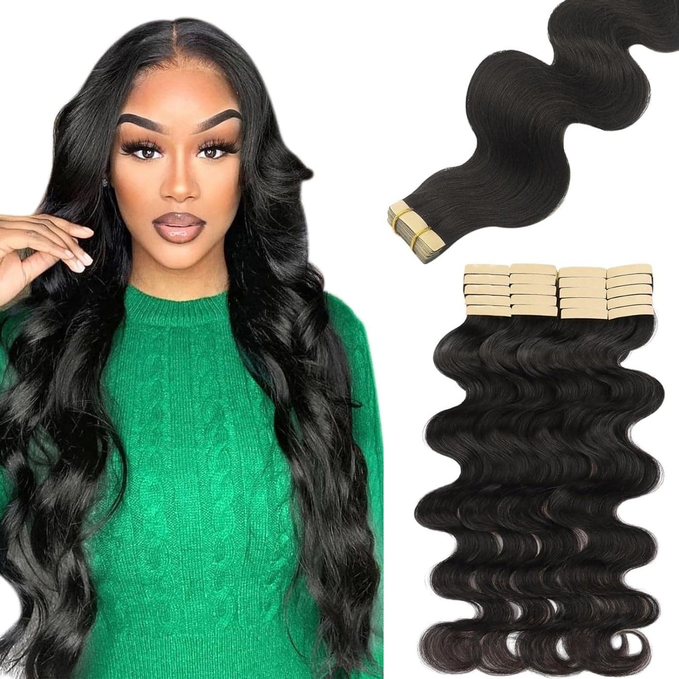Lashey Tape in Hair Extensions Human Hair 20pcs 50g/pack Body Wave Hair Extensions Tape in Hair Extensions 14 Inch Natural Black Invisible Hair Extensions for Women