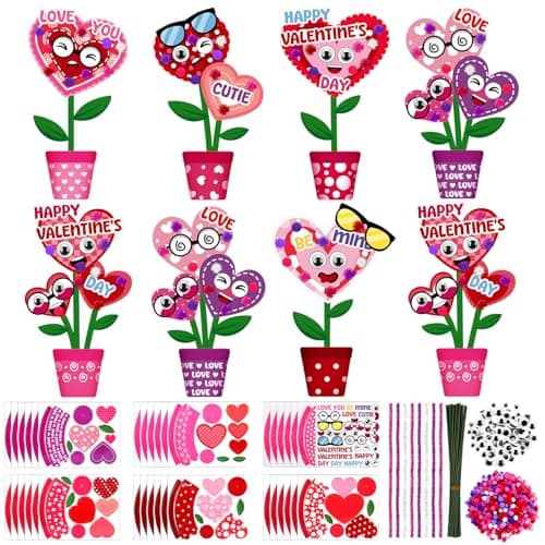 VioraWhite 36 Set Valentines Day Flowers Craft Kit 3D Make Your Own Standing Heart Pot Crafts DIY Paper Craft Set Gift for Galentines DIY Home ActivitiesCute