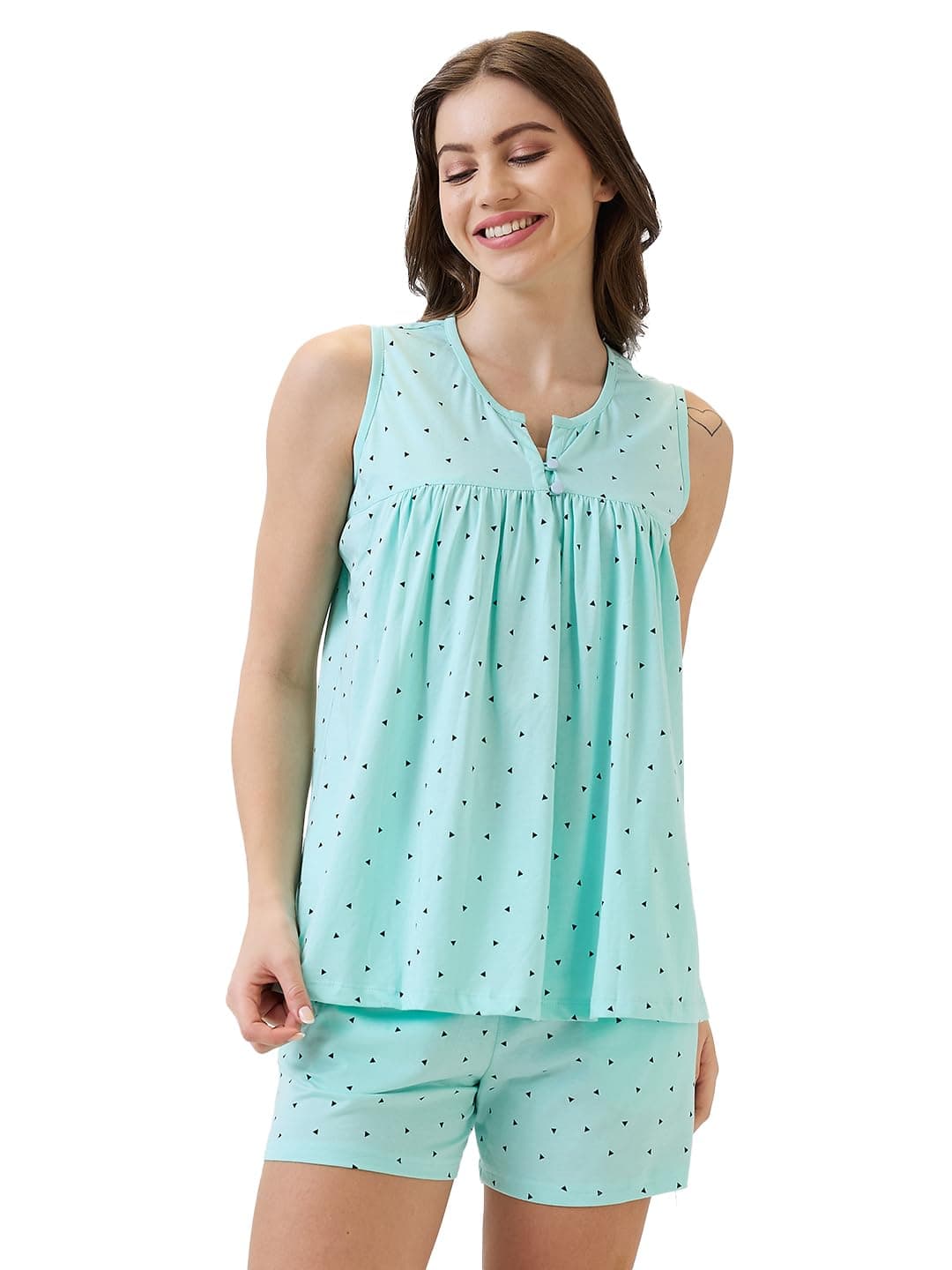 AV2 Women's Cotton Printed Round Neck Sleeveless Nightsuit Set | Bermuda Shorts Set | Casual Night Dress for Women Turq Large 2912