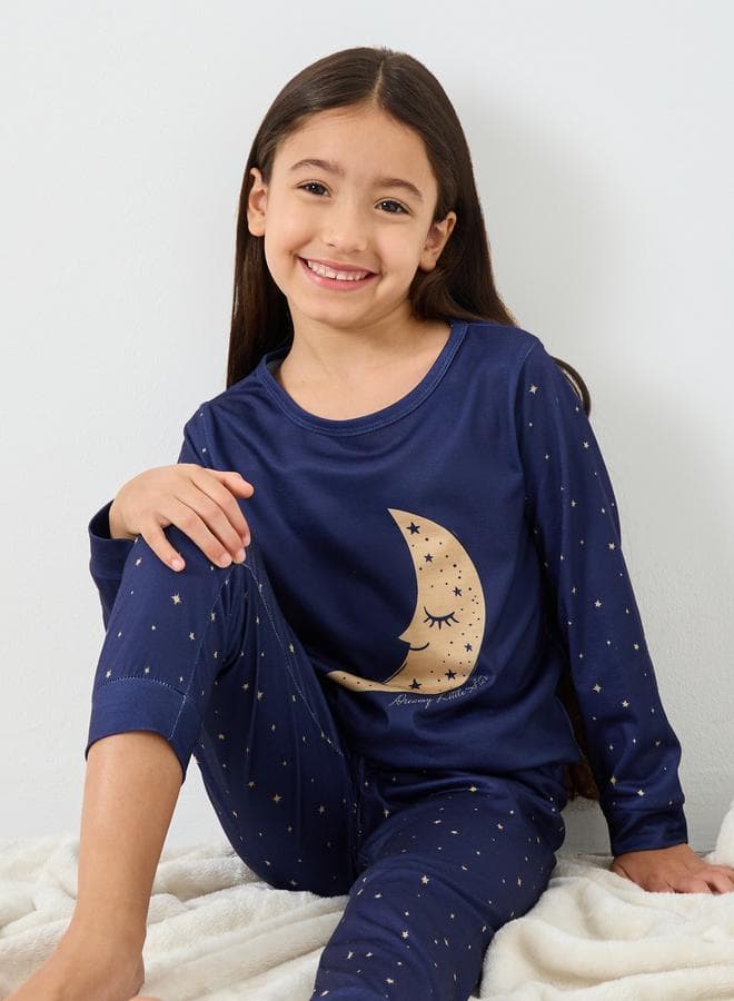 Girls Navy Star Moon Print T-Shirt And Pyjama Set