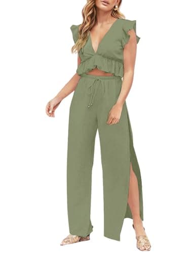 FANCYINN Womens 2 Pieces Outfits Deep V Neck Crop Top St Patricks Day Shirt Side Slit Drawstring Wide Leg Pants Set Jumpsuits Olive Green L