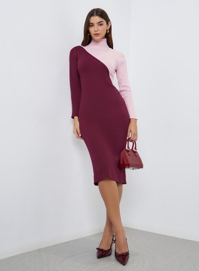Burgundy Color Block Sweater Midi Dress