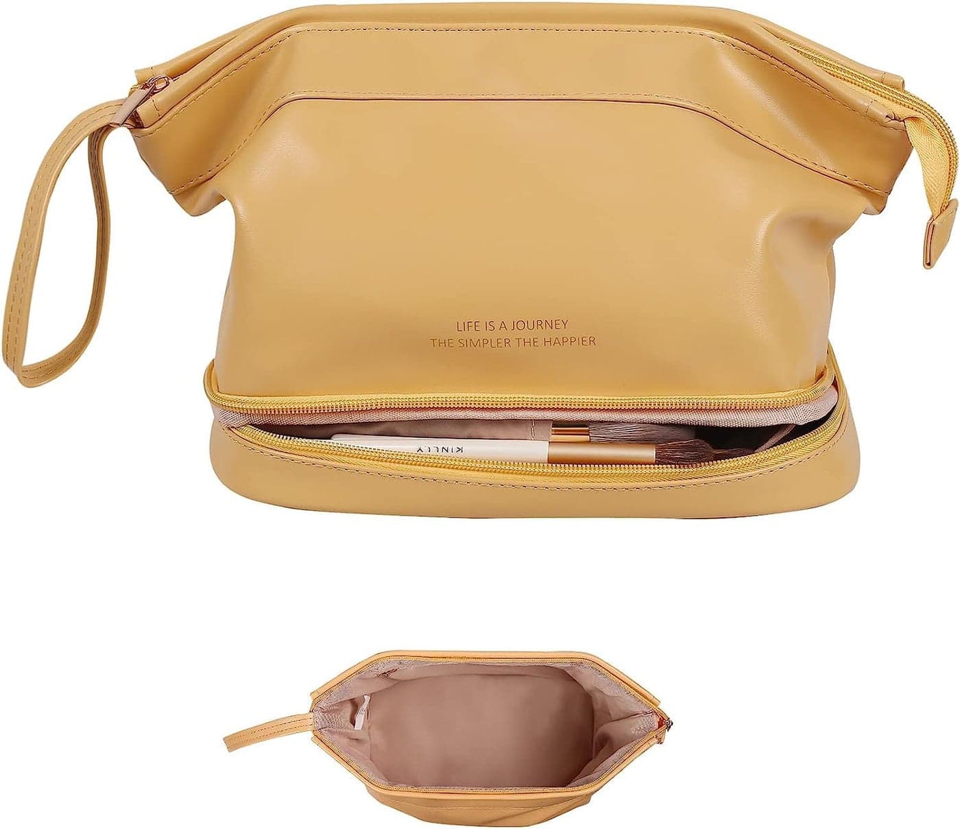 BUYORY Makeup Organiser for Women & Girls, Travel Makeup Bag(13 Cm) Leather Makeup Bag, Cosmetic Travel Bags, Portable Leather Toiletry Bag, Large Zipper Travel Organiser (Yellow)