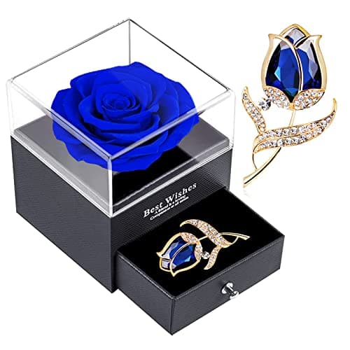 SWEETIME Preserved Rose Gift Enchanted Real Blue Rose with Sapphire Brooch, Eternal Flower Rose, Handmade Rose in Box with Pin, Forever Blue Rose Gift for her on Mother's Day, Birthday.