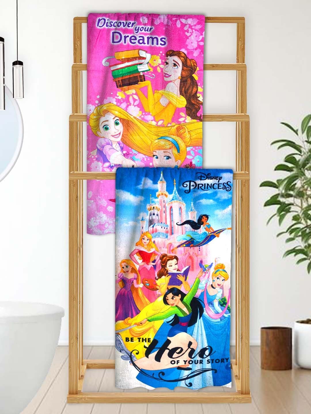 Athom Living Disney Princess Kids Bath Towel 60x120cm 350 GSM Soft Absorbent Multicolor Perfect for Boys and Girls Fun Vibrant Design Pack of 2