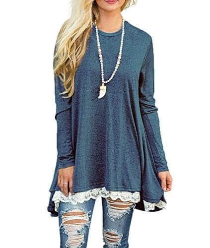 WEKILI Women's Tops Long Sleeve Lace Scoop Neck A-line Tunic Blouse Blue M NEW