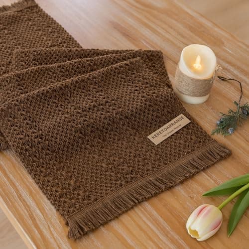Keketoarrange Boho Brown Table Runner for Home Decor 13x90 Inches Farmhouse Macrame Woven Burlap Jute Rustic Coffee Table Runner Dresser Scarf Dining Kitchen Centerpiece Bohemian Decor