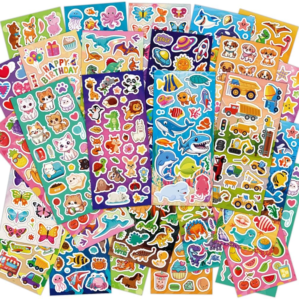 KARSLORA 36 Sheets Stickers for Kids 800 Stickers for Scrapbooking Including Animals Fruits Dinosaurs Hearts Cats Fish Cars Space and More Party Favors for Kids