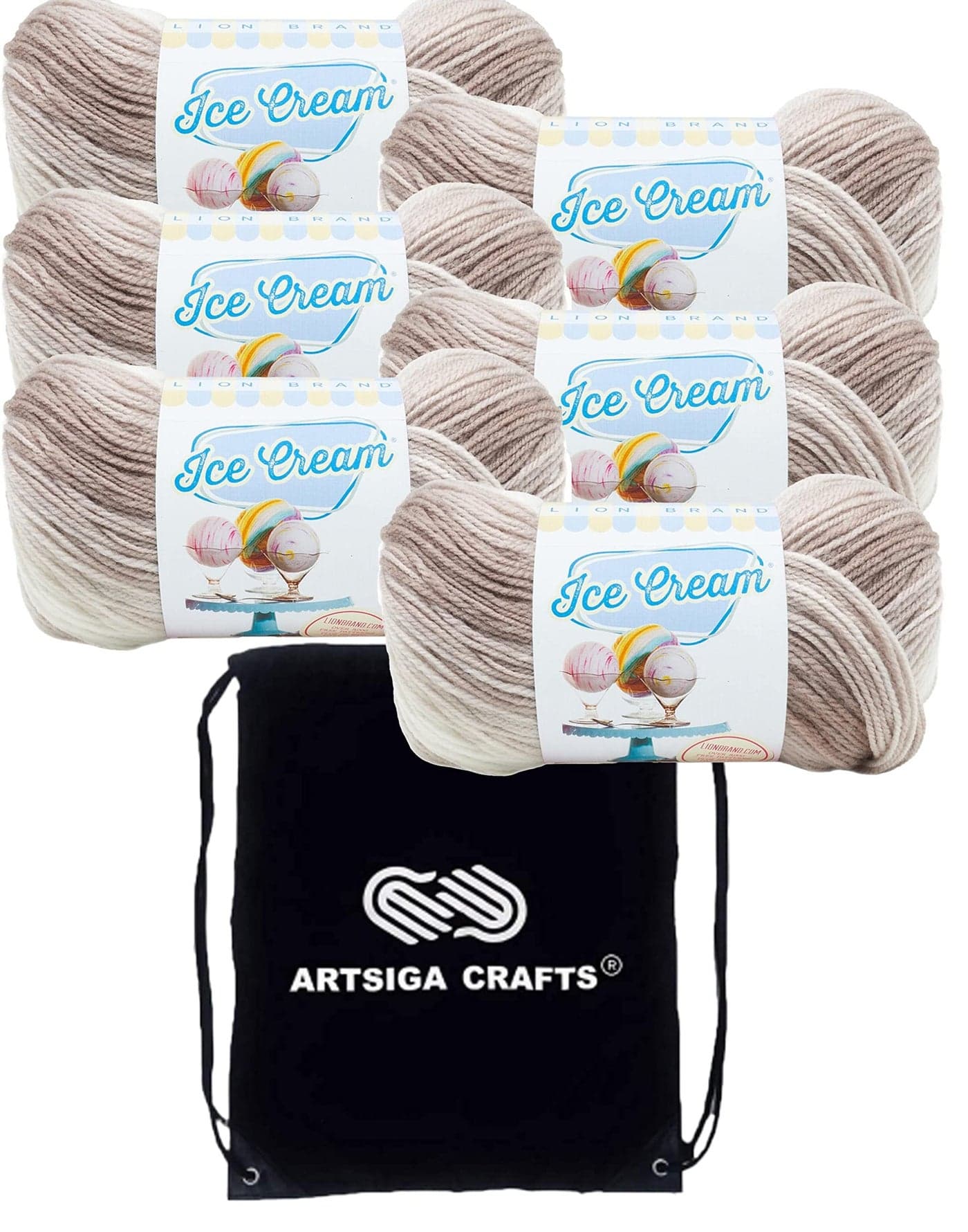 Lion Brand Ice Cream Coffee 923-212 (6-Skeins - Same Dye Lot) Baby Sport #2 Acrylic Yarn for Crocheting and Knitting with Project Bag