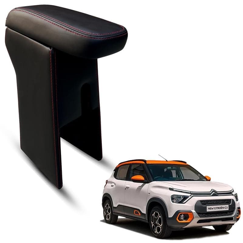 Carigiri Premium Finish Car Armrest with Storage Box And High Density Moulded Foam For Citroen C3/ eC3 (Black with Red Double Stitching,Nappa Leatherette)(No Obstruction to Rear Window Buttons)