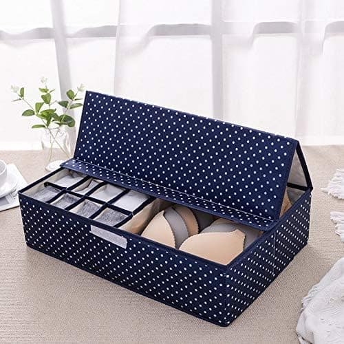 HVB Store Innerwear Organizer 161 Compartment NonSmell Non Woven Foldable Fabric Storage Box for Closet 44 x 28 x 12 cm Navy Blue Polka