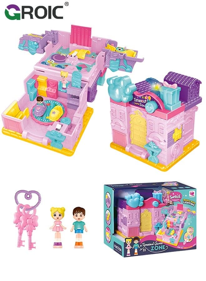 Princess Castle Doll House, Treasure Box Dollhouse with 2 Figures, 2 keys, Toddler Play Princess Magic Lights and Dancing Castle Musical Toy Dream Dollhouse Furniture, Pink Toys for Girls