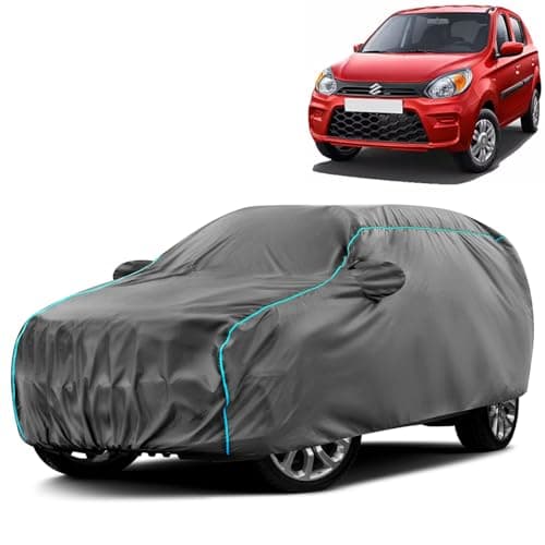 VOICO Water-Resistant Dustproof Car Cover for Maruti Alto 800 VXI - Mirror Pocket, UV Protection, Scratch Guard, Buckle Belt, Front & Back Bottom Elastic with Aqua Blue Piping - Grey