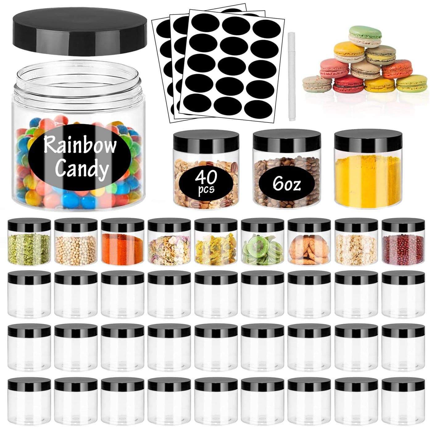 SLifeJars 6OZ Plastic Jars with Black Lids 40Pcs Empty Plastic Pot Jars Round Refillable Clear Slime Containers Jar Airtight Storage Jar for Travel Storage Home Kitchen Food Slime Making