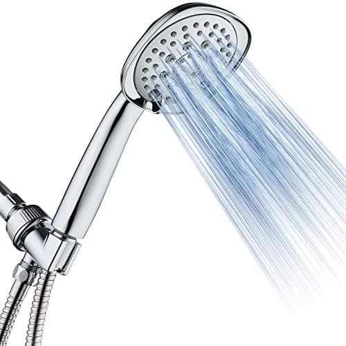 Luxury Square 6-setting High-Pressure Hand Shower. Extra-Long 72" Stainless Steel Hose, Bracket, Solid Brass Fittings, All-Chrome Finish. Premium Handheld Shower Head from Top American Manufacturer!