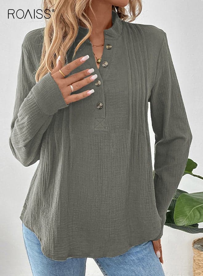 Women's V-neck Shirt, Loose-fit Viscose Breathable Pullover Blouse, Elegant Commuter Solid-Color Wrinkle-Resistant Long-Sleeve Casual Top, Green
