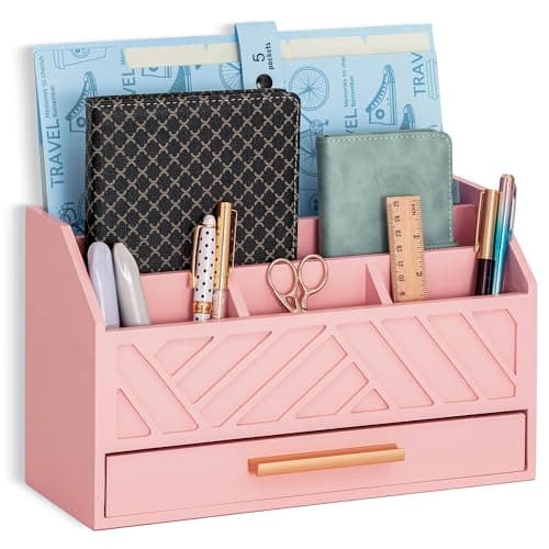 dreampossible Pink Wood Desk Organizer and Accessories with Drawer, Bill Mail Organizer and File Mail Holder for Office Supplies, Modern Desk Accessories & Workspace Organizers for Desk Organization