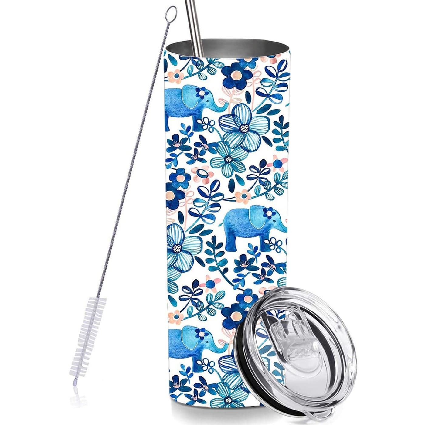 RNFENQS Elephant Floral Skinny Tumbler Cup with Straw Lid 20 OZ Stainless Steel Insulated Vacuum Blue Slim Travel Coffee Mug for Elephant Lover