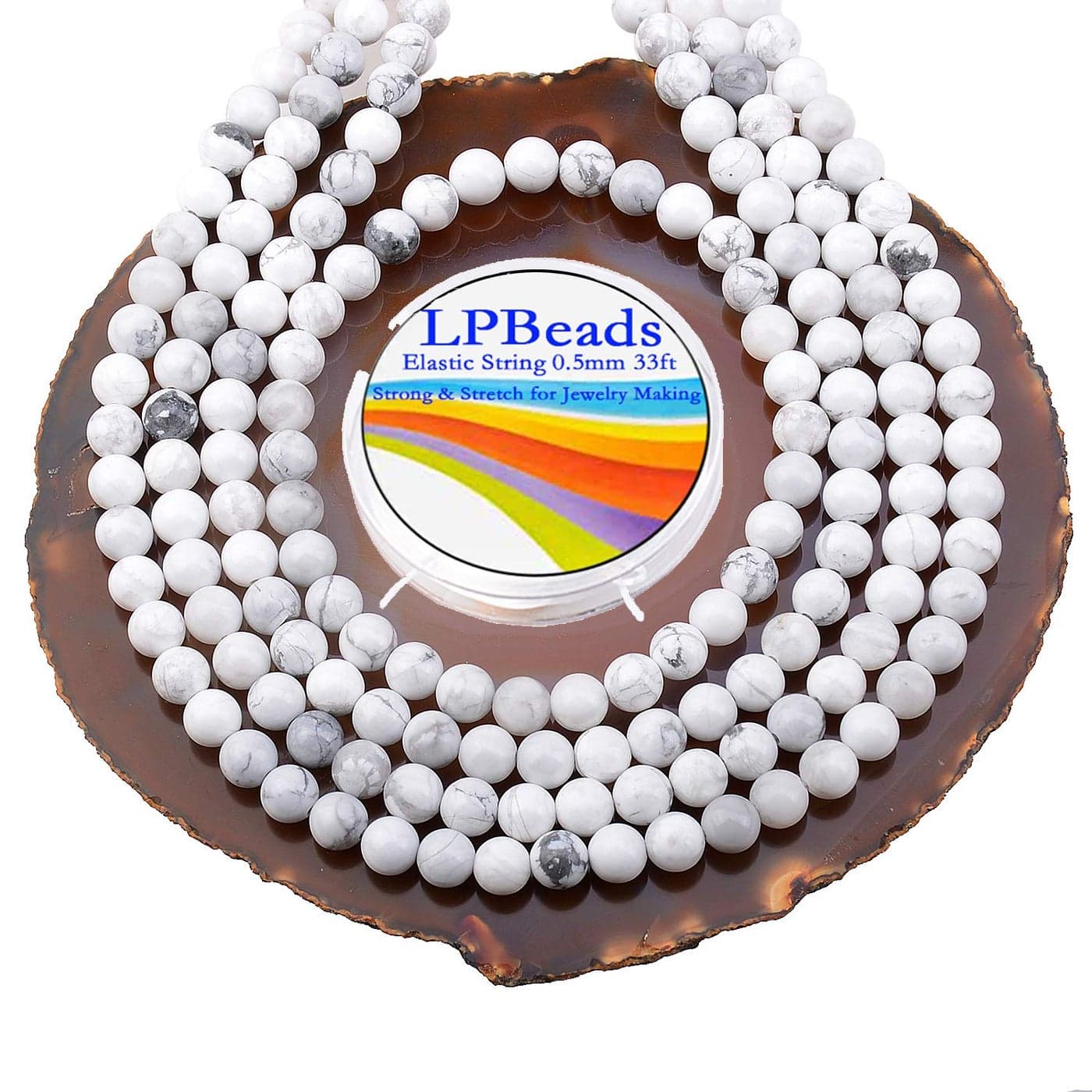 LPBeads 200Pcs Polished 6mm Round Natural White Howlite Gemstone Loose Beads with Stretch Cord for Jewelry Making Bracelets