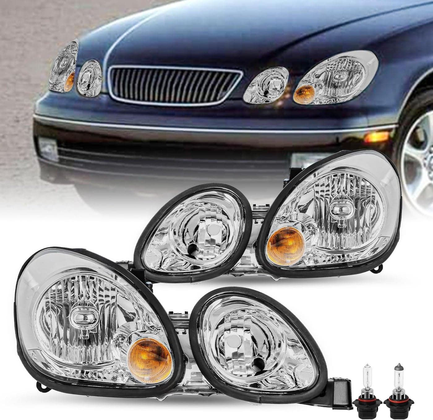 JSBOYAT Halogen Headlight Assembly for 1998-2005 Lexus GS300 GS430 GS400 with Bulbs