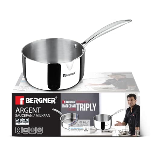 Bergner Argent 18cm (2.3 L) Triply Milkpan/Saucepan/Teapan with Pour Spout, Stay Cool Cast Handle, Food Safe, Healthy Cooking, Faster and Even Heat Distribution - Induction and Gas Stove Ready