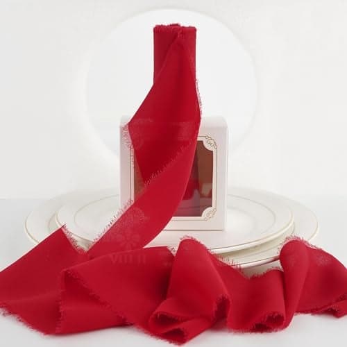 MEEDEE Red Chiffon Ribbon 3 Inch Frayed Ribbon Chiffon Silk Red Fringe Ribbons Wide Chiffon Ribbons for Crafts Flower Bouquet Wedding Favors Wrapping 2 Rolls 10 Yards