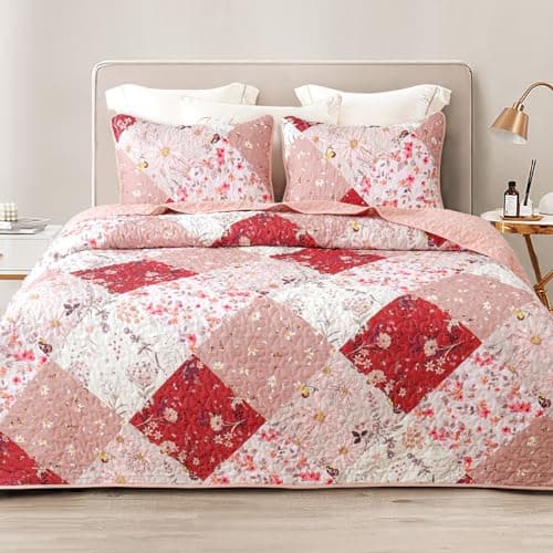 Whale Flotilla Patchwork Quilts Queen Size Extra Soft Boho Floral Bedspreads for Bed Reversible Lightweight Full Queen Quilt Bedding Set Printed Coverlets with 2 Pillow Shams for All Seasons Red