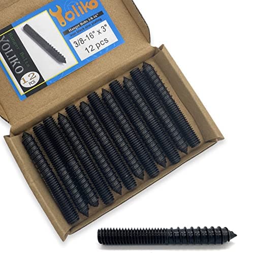 Yoliko 12 Pack 3/8-16 x 3 Inch Black Hanger Bolts 3/8-16" Double Headed Bolts 3/8 Wood Dowel Screw Self-Tapping Screw Hanger Bolts for Furniture Double Head Threaded Rods Bolt 75mm Length