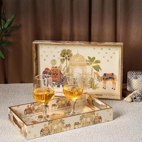 The Better Home Meena Art Serving Platter | Tray for Serving | MDF Tray | Set of 2 | 12x6 & 14x8 Inches | Multi-Colored Aesthetic Design | Ideal for Entertaining | Tray Set for Serving | Tray Set |